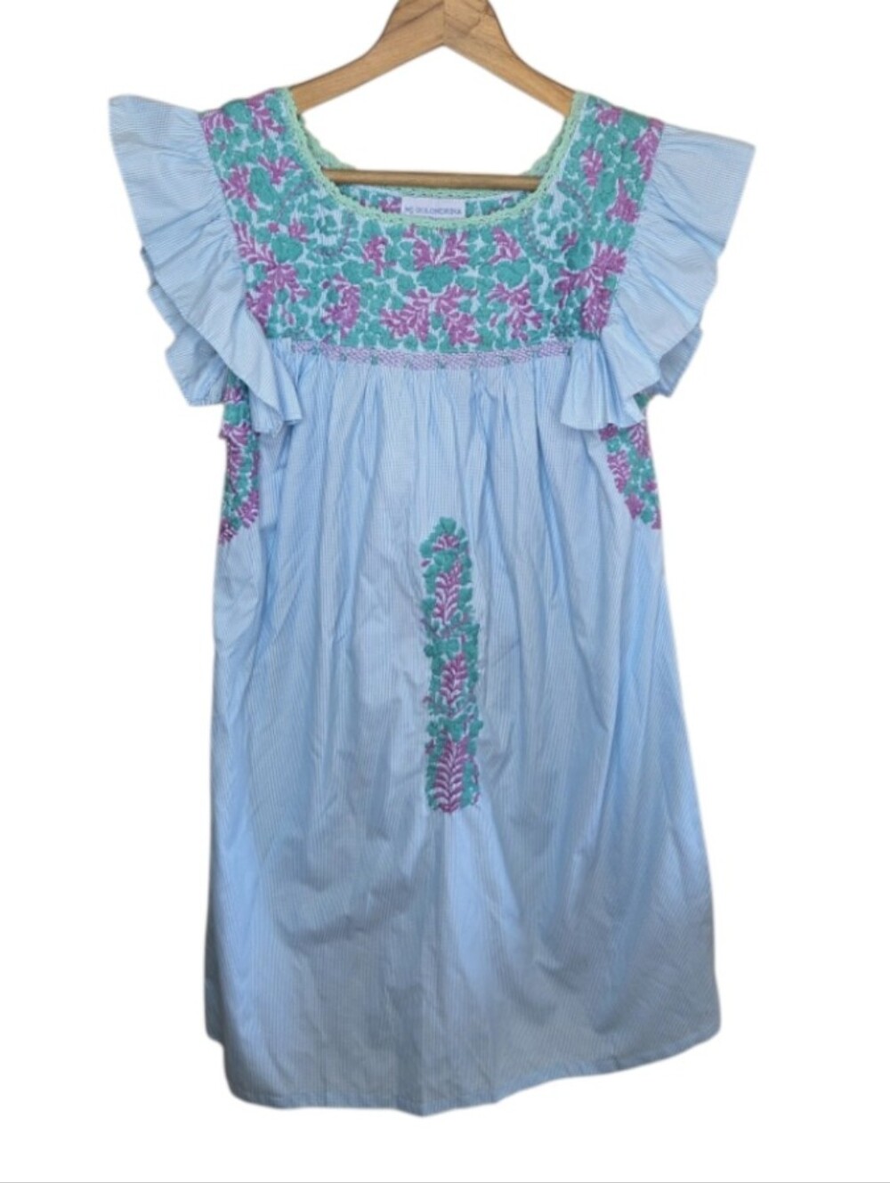 Mi Golondrina Blue White Checkered Floral Embroidered Shift Dress Ruffles XS